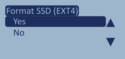 Screenshot of the Format SSD (EXT4) confirmation screen with Yes highlighted.