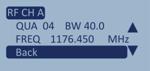 Screenshot of the RF Channel A configuration screen with Back highlighted.