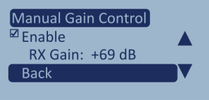 Screenshot of the Manual Gain Control menu with Back highlighted.