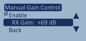 Screenshot of Manual Gain Control menu with RX Gain highlighted.