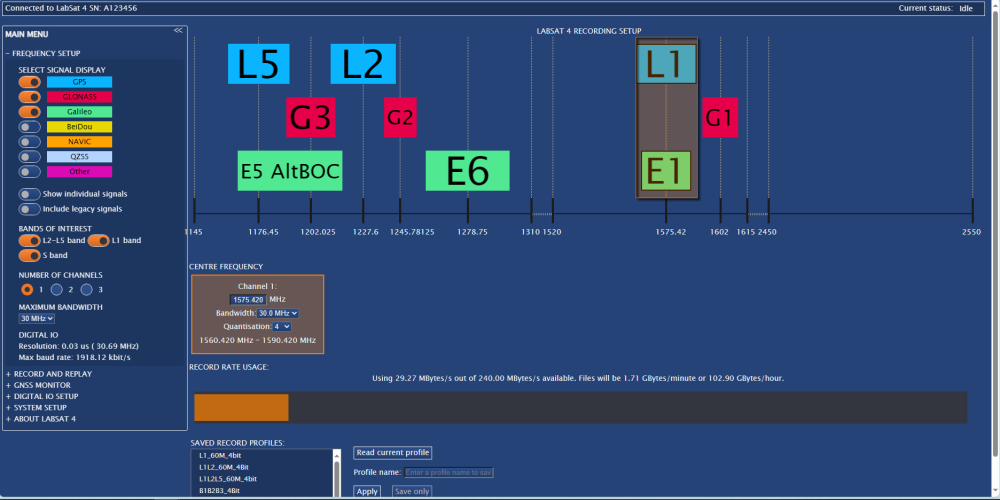 Screenshot of the Frequency Setup menu of LabSat 4 Web Server.