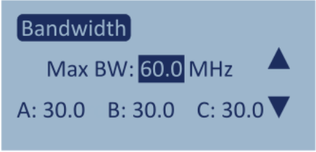 Screenshot of the Bandwidth configuration screen with Max BW value highlighted.