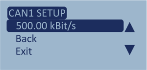 Screenshot of CAN1 Setup screen with 500 kbit/s rate highlighted.
