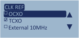 Screenshot of the CLK REF menu with OCXO highlighted and TCXO enabled.