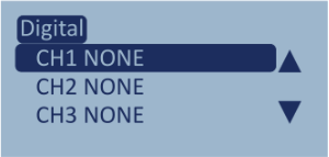 Screenshot of the Digital menu with CH1 highlighted with a value of None.