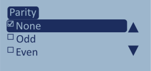 Screenshot of the Parity menu with None highlighted and ticked.
