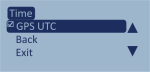 Screenshot of the Time menu with GPS UTC highlighted and enabled.