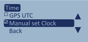 Screenshot of the Time menu with Manual Set Clock highlighted and enabled.