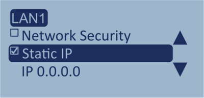 Screenshot of the LAN1 menu with Static IP highlighted and enabled.