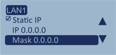 Screenshot of the LAN1 menu with Static IP enabled and Mask highlighted.