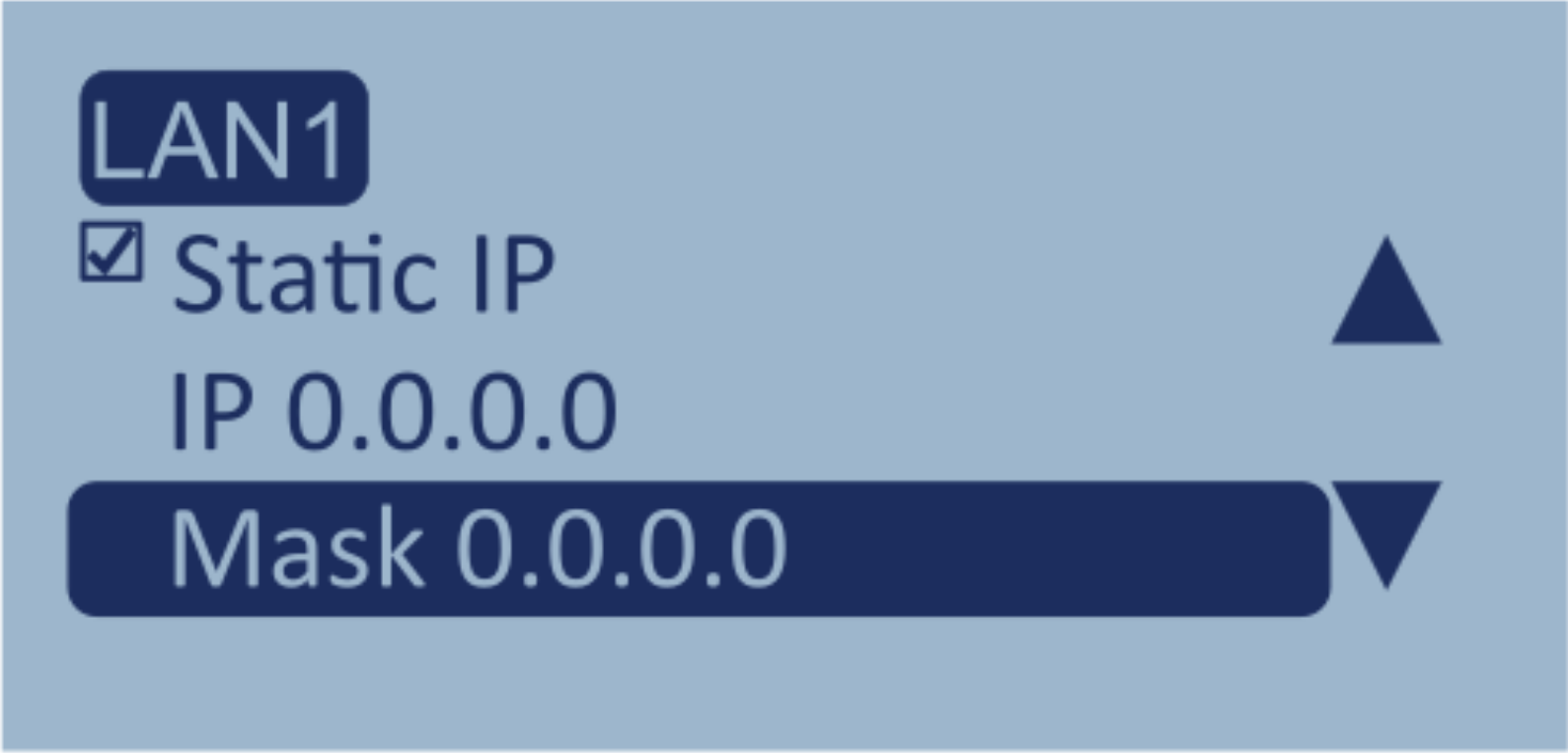 Screenshot of the LAN1 menu with Static IP enabled and Mask highlighted.
