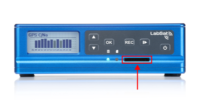 Photograph of the front of a LabSat 4 with the SD Card slot highlighted.