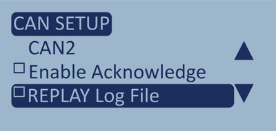 Screenshot of CAN Setup menu with REPLAY Log File highlighted but not enabled.