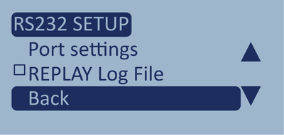 Screenshot of the RS232 Setup menu with Back highlighted.