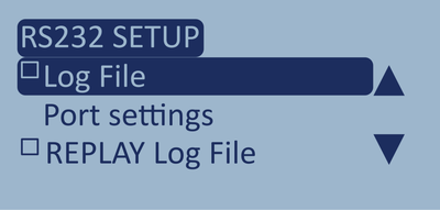 Screenshot of the RS232 Setup menu with Log File highlighted but not enabled.