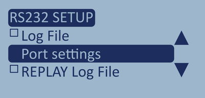 Screenshot of the RS232 Setup menu with Port Settings highlighted.
