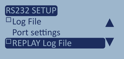 Screenshot of the RS232 Setup menu with REPLAY Log File highlighted.