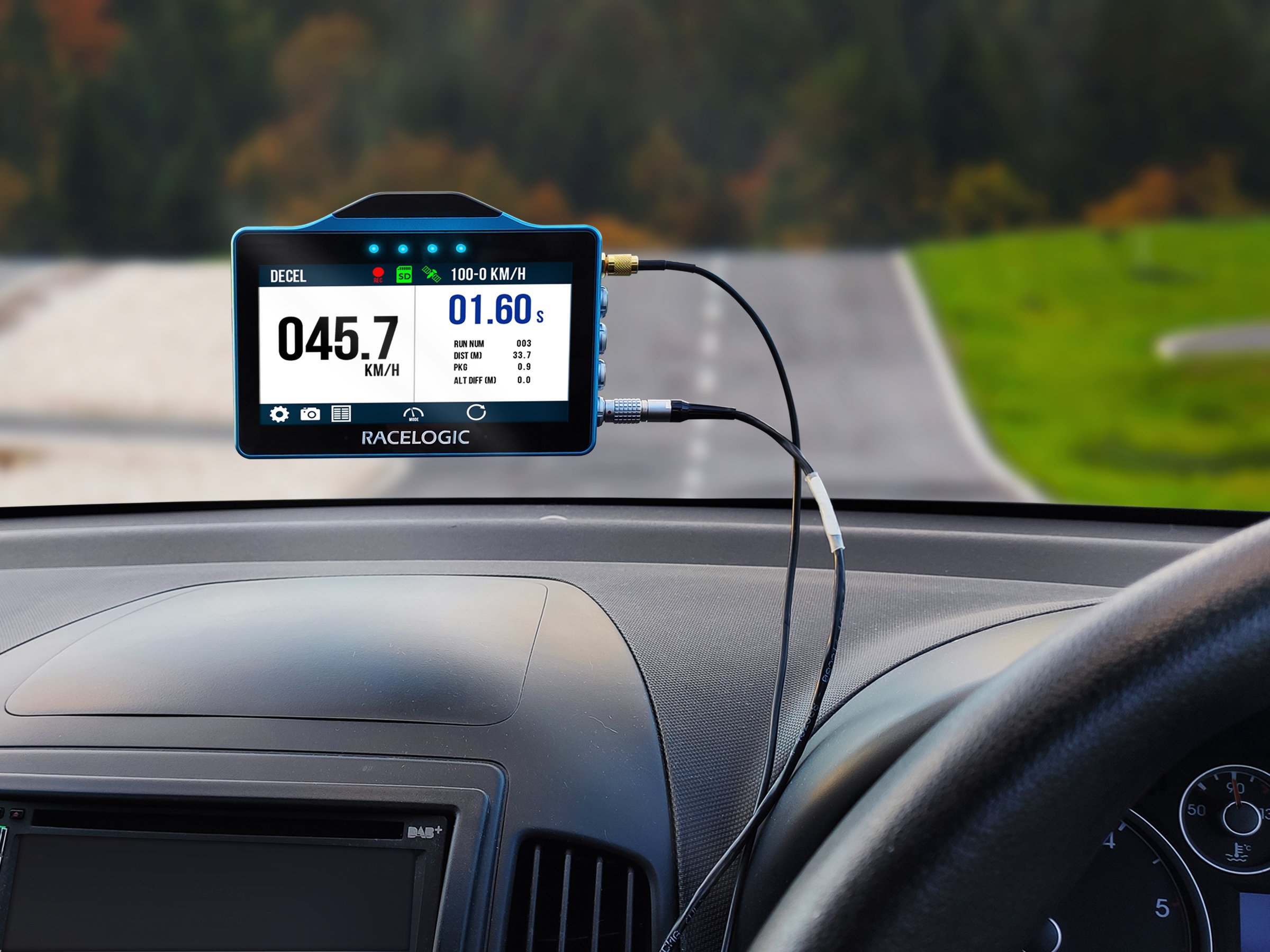 VBOX Touch mounted on windscreen and connected to power and external antenna.