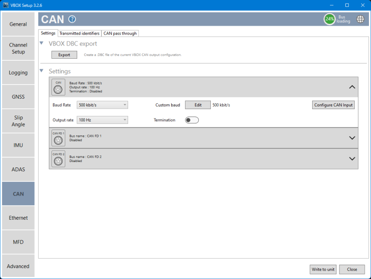 Screenshot of the CAN Menu in VBOX Setup Software when connected to a VBOX 4 ADAS.
