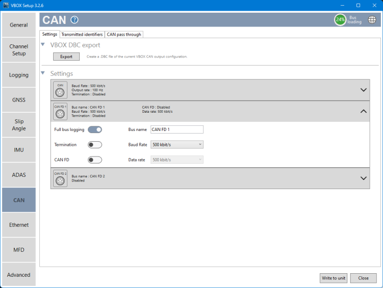 Screenshot of the CAN menu in VBOX Setup software when connected to a VBOX 4 ADAS with the Settings area expanded.