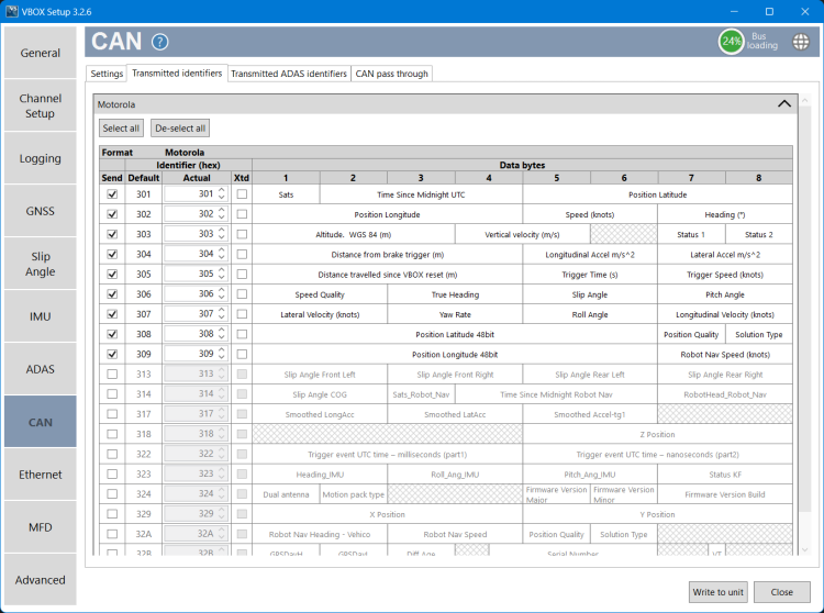 Screenshot of the Transmitted IDs tab within the CAN menu of VBOX Setup Software when connected to a VBOX 4 ADAS.