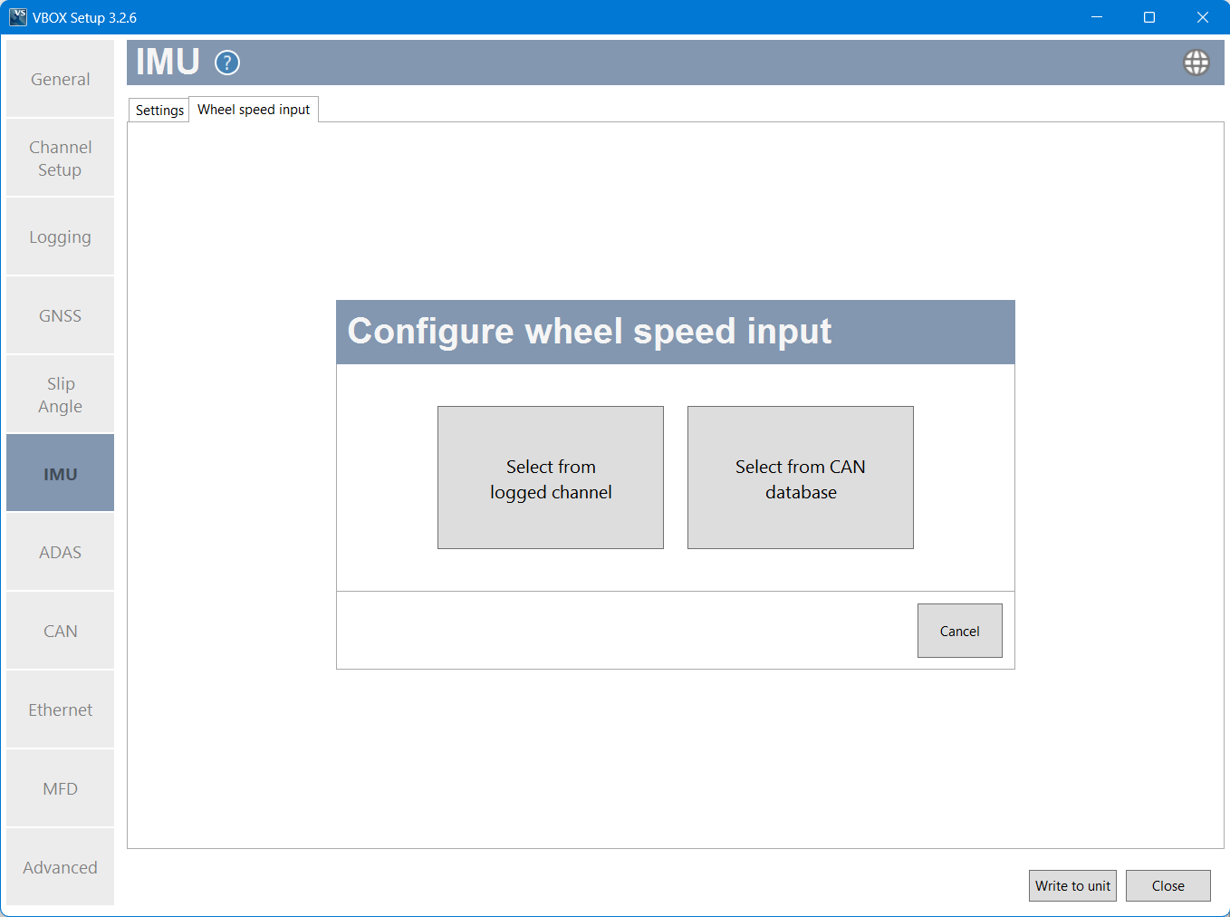 Screenshot of Wheel Speed Input data sources from VBOX Setup Software.