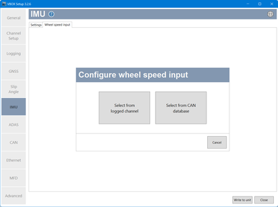 Screenshot of Wheel Speed Input data sources from VBOX Setup Software.