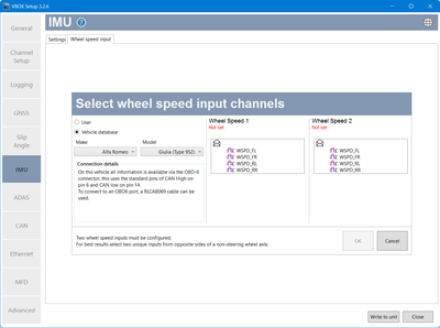 Screenshot of wheel speed input data from a CAN database in VBOX Setup software.
