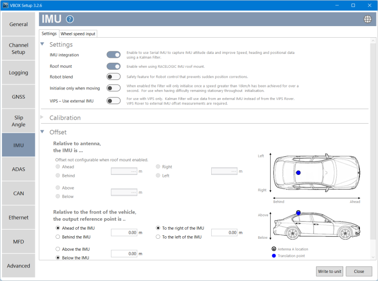 Screenshot of VBOX Setup Software connected to VBOX 4 ADAS displaying the IMU menu.