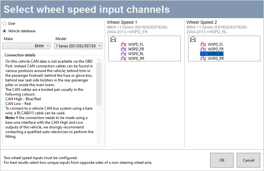 Screenshot of the Select Wheel Speed Inputs from a CAN Database.