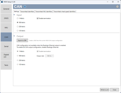VBOX Setup - CAN Menu