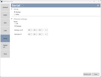 VBOX Setup - Serial Menu