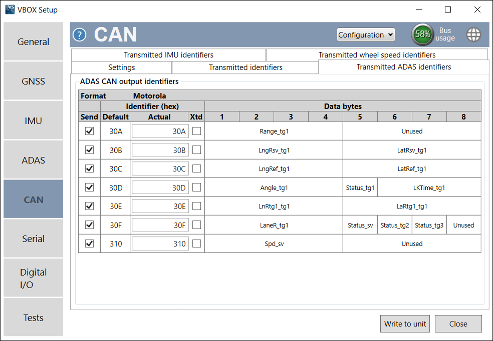 VBOX Setup - VB3iSDR - CAN - Transmitted ADAS Identifiers