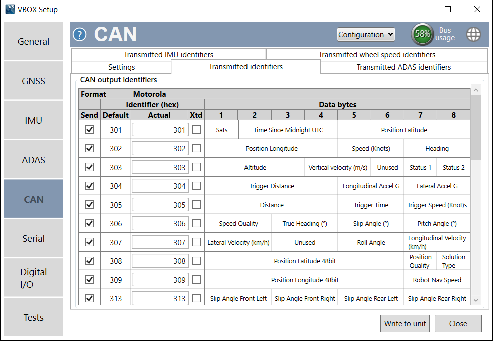 VBOX Setup - VB3iSDR - CAN - Transmitted Identifiers