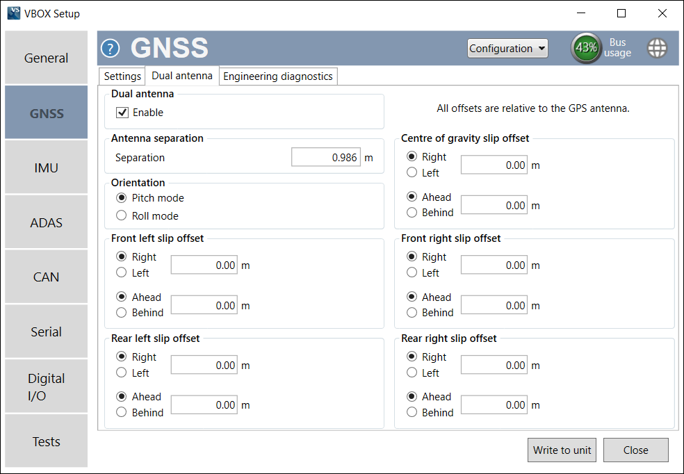 VBOX Setup - VB3iSDR - GNSS - Dual Antenna - Enabled