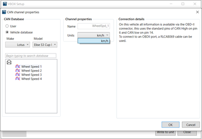 VBOX Setup - VB3iSDR - IMU - Wheel Speed - Wheel Speed 1 - Vehicle Database - Channel Selected - Speed unit