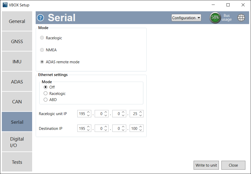 VBOX Setup - VB3iSDR - Serial - Off