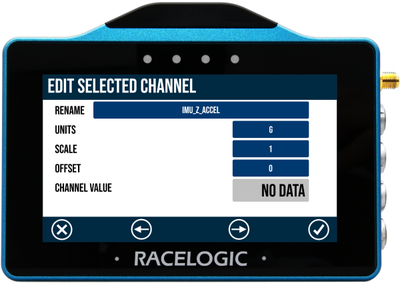 VBOX Touch displaying the Edit Selected Channel screen showing IMU_Z_ACCEL channel details.