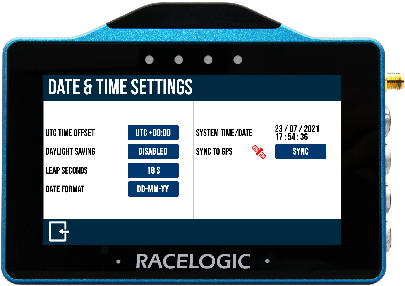 VBOX Touch displaying the Date & Time Settings screen.