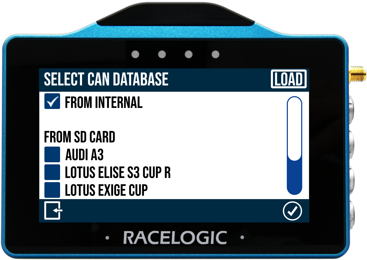 VBOX Touch displaying the Select CAN Database screen used to configure CAN Input on VBOX Touch.