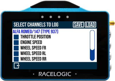 VBOX Touch displaying the Select Channels to Log screen with a list of available Alfa Romeo/147 [Type 937] channels.