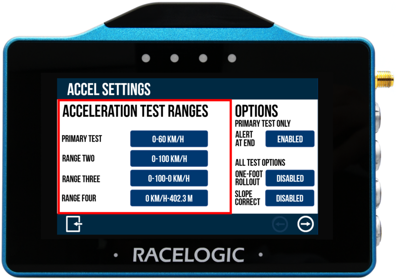 VBOX Touch displaying the Accel Settings screen, with the Acceleration Test Ranges options highlighted.
