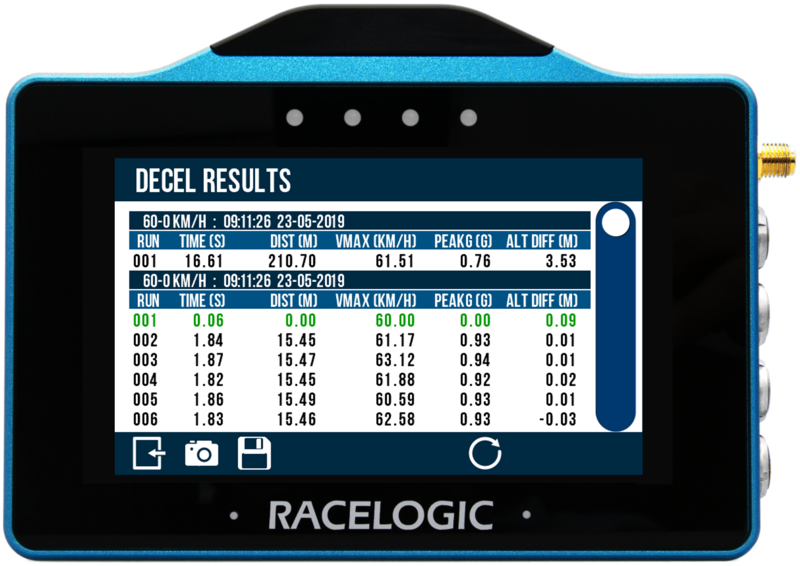 VBOX Touch displaying the Decel Results screen.