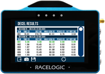 VBOX Touch displaying the Decel Results screen.