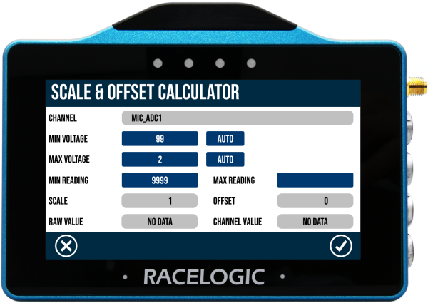 VBOX Touch displaying the Scale & Offset Calculator screen used to configure CAN Input for RL Modules.