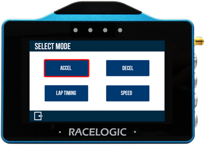 VBOX Touch displaying the Select Mode screen with the Accel Mode option highlighted.