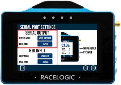 VBOX Touch displaying the Serial Output Settings screen with the Serial Output settings highlighted.