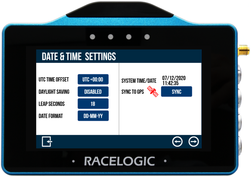 VBOX Touch displaying the Date & Time Settings screen.